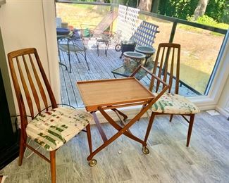 1960s Folding Teak Danish Modern Bar Cart, 2 Danish Style Dining Chairs with Floral Upholstered Seat