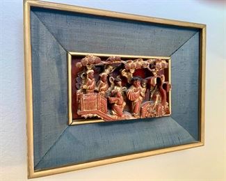 Asian Themed Wood Carved Framed Plaque