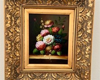 French Art - Flowers Painting in Golden Ornate Frame