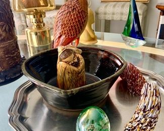 Wood Carved Quail Sculpture, Blown Glass Green and White Paper Weight, Blown Glass Green and Blue Sailboat