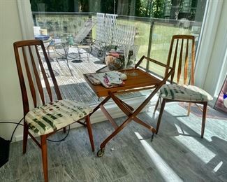1960s Folding Teak Danish Modern Bar Cart, 2 Danish Style Dining Chairs with Floral Upholstered Seat