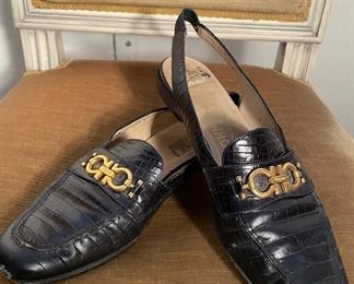Salvatore Ferragamo Black Crocodile Pattern Loafers