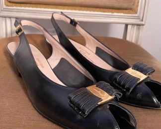 Salvatore Ferragamo Open Toe Black Kitten Heels