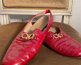Salvatore Ferragamo Red Crocodile Pattern Loafers