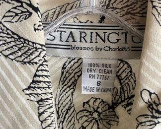 100% Silk White Floral Design Blouse Size 8