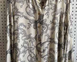 100% Silk White Floral Design Blouse Size 8