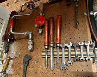 Assortment of Wrenches, Wood Handled Lathes, Hand Crank Drills