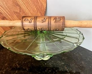 Green Depression Glass Cake Platter with Pedestal, Engraved Wooden Rolling Pin