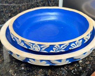 Clay City Pottery Blue Stoneware Pie Plate With Floral Border, Blue Clay City Pottery Stoneware Baking Dish