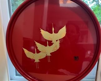 Red Round Lacquer Platter with Golden Cranes