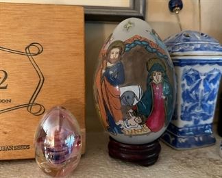 Reverse Hand Painted Egg of Jesus, Mary & Joseph, Blown Glass Egg