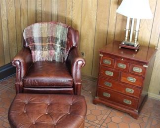 Leather chair & ottoman; Campaign style small chest