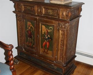 One of a pair of Italian Baroque polychromed cupboards, c late 17th C; both having the inscription "Multum in Parvo" (translates to "much in little")