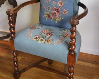 Diminutive walnut barley twist chair with floral needlepoint seat & back