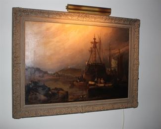 18/19th C Continental school harbor scene with figures, oil on canvas, unsigned