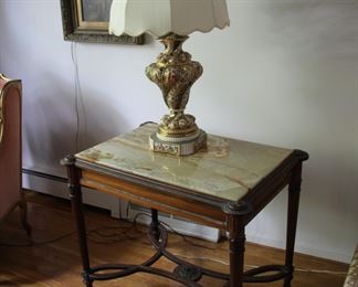 Beautiful early 20th c onyx top side table; one of a pair of Capodimonte lamps