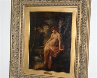 Narcisse Virgilio Diaz de la Pena (1807-1876, France) oil on canvas, semi nude woman with a swan