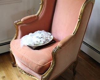 One of a pair of 19th c upholstered bergere chairs