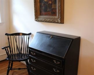 "Beals" ebonized slant front desk & ebonized Windsor style arm chair