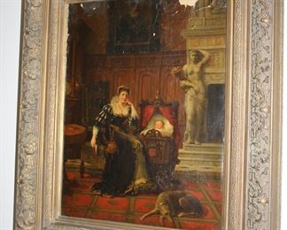 Joseph Tonneau (19thc, UK) interior genre scene of noble woman and a sleeping baby, oil on canvas, dated 1889, needing restoration