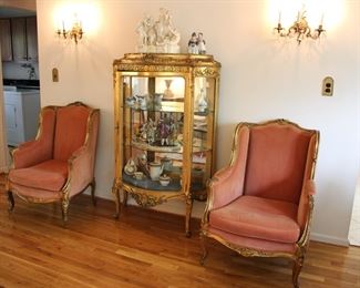Pair 19th c bergere chairs; Louis Xv style giltwood vitrine c 1900