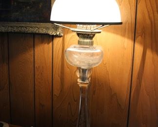 Antique etched glass oil lamp converted to electric (not drilled)