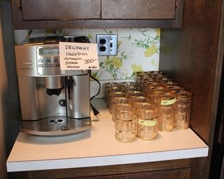 Delonghi Magnifica espresso machine (NEW); Imperial "Spanish Windows" glass ware