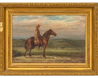 Signed Wheaton, cowboy on horseback in landscape with cattle, oil on canvas