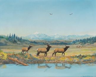 Tony Sandoval, elk in landscape, oil on canvas board