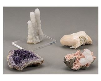 Collection of four (4) crystal formations, which include apophyllite with pink heulandite, cactus quartz, white barite cluster, and a purple geode