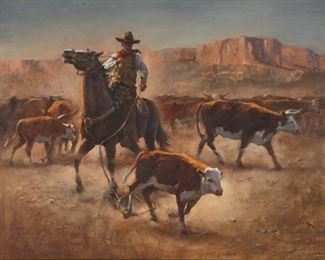 Jay Hester, Cowboy Roping Calves, oil on canvas