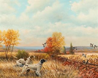 W. R. Thrasher, bird dogs hunting quail scene, oil on canvas
