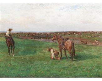 Cowboys with large herd of cattle in verdant landscape, ca. 1930s, oil on canvas, artist not attributed