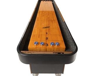 Freestanding shuffleboard table, by Valley-Dynamo, three pedestal supports, includes 8 pucks
