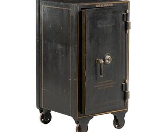 Vintage metal Herring-Hall-Marvin Safe Co. (Hamilton, Ohio) valuables safe, combination lock, fitted interior, marked "Sales Agents. San Antonio Printing Co. San Antonio, Tex."