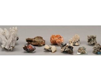 Assortment of ten (10) mineral formations, red fox agate, calcite, albite, calcite on quartz, pink vanadinite, dolomite, epidote cluster, fluorite, and selenite