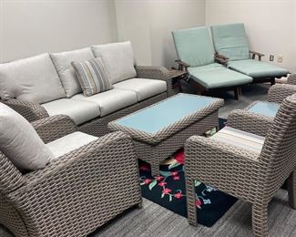 All weather wicker sofa, side chair and 2 glass top tables, wooden loungers