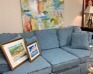 Chambray upholstered sofa, contemporary art