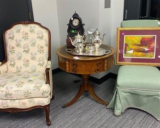 Drum table, slipper chair, French style side chair