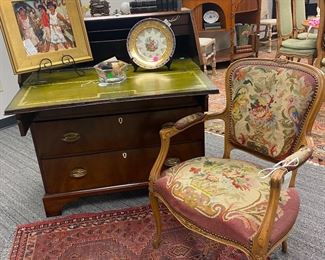 18th century English slant front desk, French chair with needlepoint seat and back,