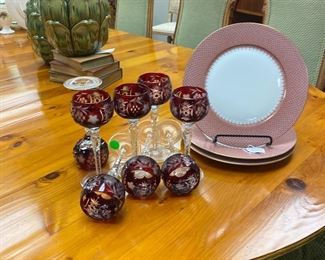 Mottahedeh chargers, Bohemian cranberry glass stemware