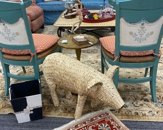 Wicker Piig, upholstered and painted side chairs, Florentine side/drink table