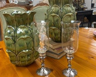 Pair hosta form vases, sterling hurricane candlesticks