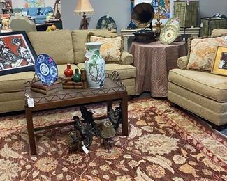Lexington furniture sofa and chair, tray table, Chinese export charger, Asian style vase