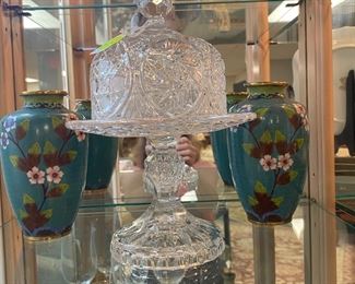 Butter dome on stand, cloisonné vases