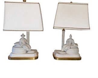 $450 - Pair of White Asian Figural Table Lamps Marbro Style HH149-13 Description: Beautifully detailed unglazed white bisque figure mounted as a table lamp by Marbro. Representing two Chinese dignitaries. Beautiful set of clean white Asian figures resting atop a clean gold leaf base topped with a white and gold box shade held up with a carved "bamboo" column. A
Condition: Very good condition. Needs tightening.
Dimensions: 20"H. Base=10 x 6 Shade=11 x 6 x 8"H
Local pick up Potomac, MD. Contact us for shipper suggestions.