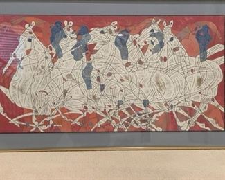 $3500 - Jiang "Speed" Color Serigraph on Art Paper Hand Signed KS83-15 Color Serigraph on Art Paper titled "Speed" from his paying homage to mother nature and her most majestic animals. Worth mentioning again is the fact that Jiang is widely regarded as one of the greatest Chinese artists ever and the father of their Pop Art movement. And, therefore, his artworks have sold into the 100,000s of dollars.
This piece is an ORIGINAL, HAND SIGNED and NUMBERED Serigraph that is representative of Jiang's full realm of genius, including technique and detail. The incredible work of art, from the rare edition of 260 (#11), is guaranteed authentic, and accompanying the purchase, the buyer shall receive a Gallery letter of authenticity. Also, it is of impressive size measuring 20" x 40" and is complimented by a custom frame with approximate dimensions of 30" x 50". Jiang, Tie Feng Jiang Tie Feng was an elder statesman of the no