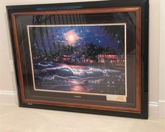 $2000 - Christian Lassen "Lahaina" Signed & Framed Lithograph KS83-14 Christian Riese Lassen: Christian Riese Lassen's visionary images emanate a light that touches some deep chord within us all. The mastery of detail, the richness of subject matter, even the surprising magical points of view are somehow secondary to the incredible intimacy that this contemporary master is able to achieve. Christian's worldwide popularity is due to his uncanny ability to awaken in each of us a positive awareness of ourselves and to restore the hope that we can indeed contribute to the healing of our home. "My hope is that my artwork will open a place in your heart that will continue to carry a message of care for our planet."
Excellent Condition.
Glass has one small scratch.
39.5 x 50