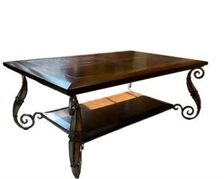 $295 - Domain Leather Inlay Coffee Table Scrolled Metal Legs LA178-5 Description: This is a beautiful, durable table with hand tooled leather top, forged iron base and magazine shelf. The finish is Antique Chestnut, which gives it an old world look.
Dimensions: 44 x 29 x 17"H
Condition: Very good condition
Local pick up Potomac, MD. Located on first floor. Contact us for shipper suggestions.