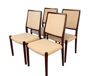 $1800 - 4 Mid Century Modern Danish J. Moller Chairs SB183-7 Description: This set of J.L. Moller Indian rosewood chairs includes 4 side chairs. The frames are solid and tight. There are minor dings on the bottoms of the legs. And, there are a few stains on the upholstery. They are tagged on the underside. Set of Six Danish Mid Century Modern Rosewood Dining Chairs, c. 1960's. Simple, clean lines + perfect design featuring lovely oatmeal upholstery. Constructed in rosewood and its deep, rich color and stunning wood grains will add depth and design to any room. The chairs are solid + sturdy and ready for years of use. Upholstery in great condition with just a small and light stain or two on 1-2 chairs (as pictured). Chairs and solid and sturdy and ready for years of use.
Dimensions: 20 x 22 x 37"H
Condition: Very good condition
Local pick up Chevy Chase, MD. Located on first